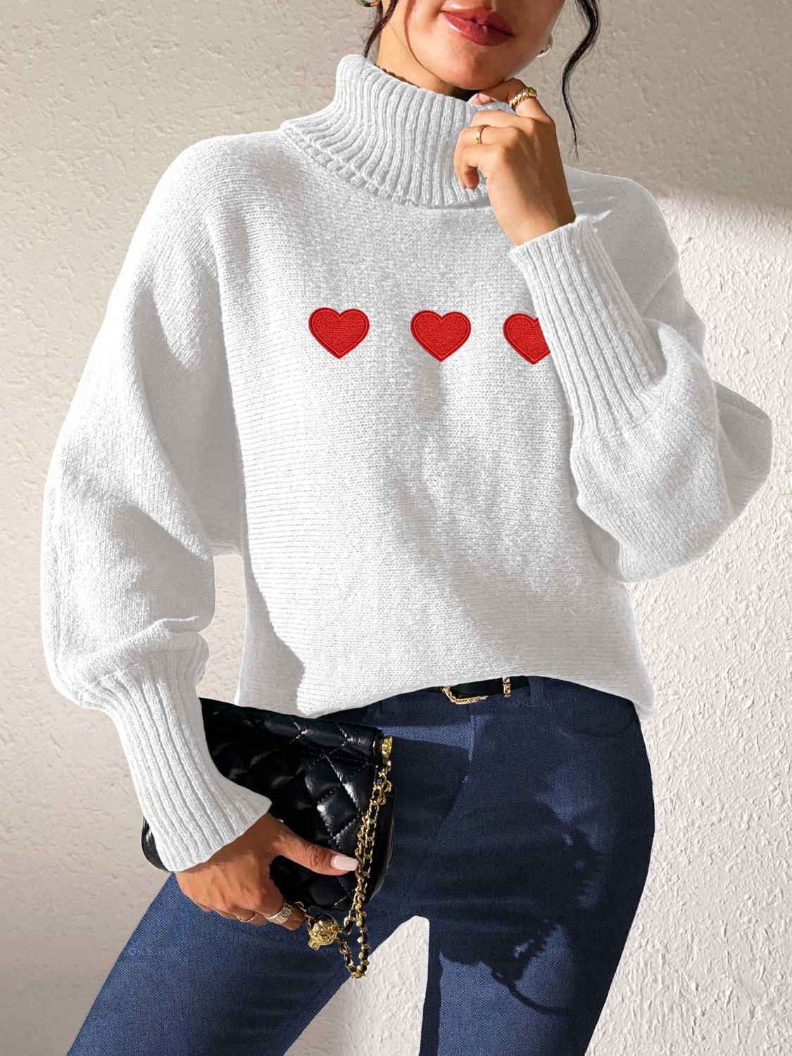 Heart Turtleneck Long Sleeve Sweater-Comfortable