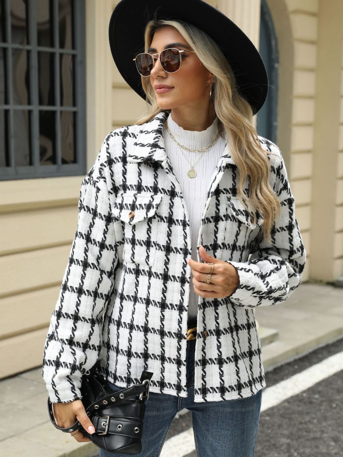 Plaid Collared Neck Long Sleeve Jacket Fashionabl