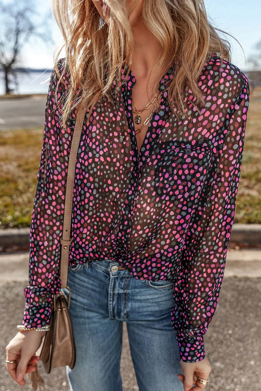 Printed Notched Long Sleeve Blouse-Casual