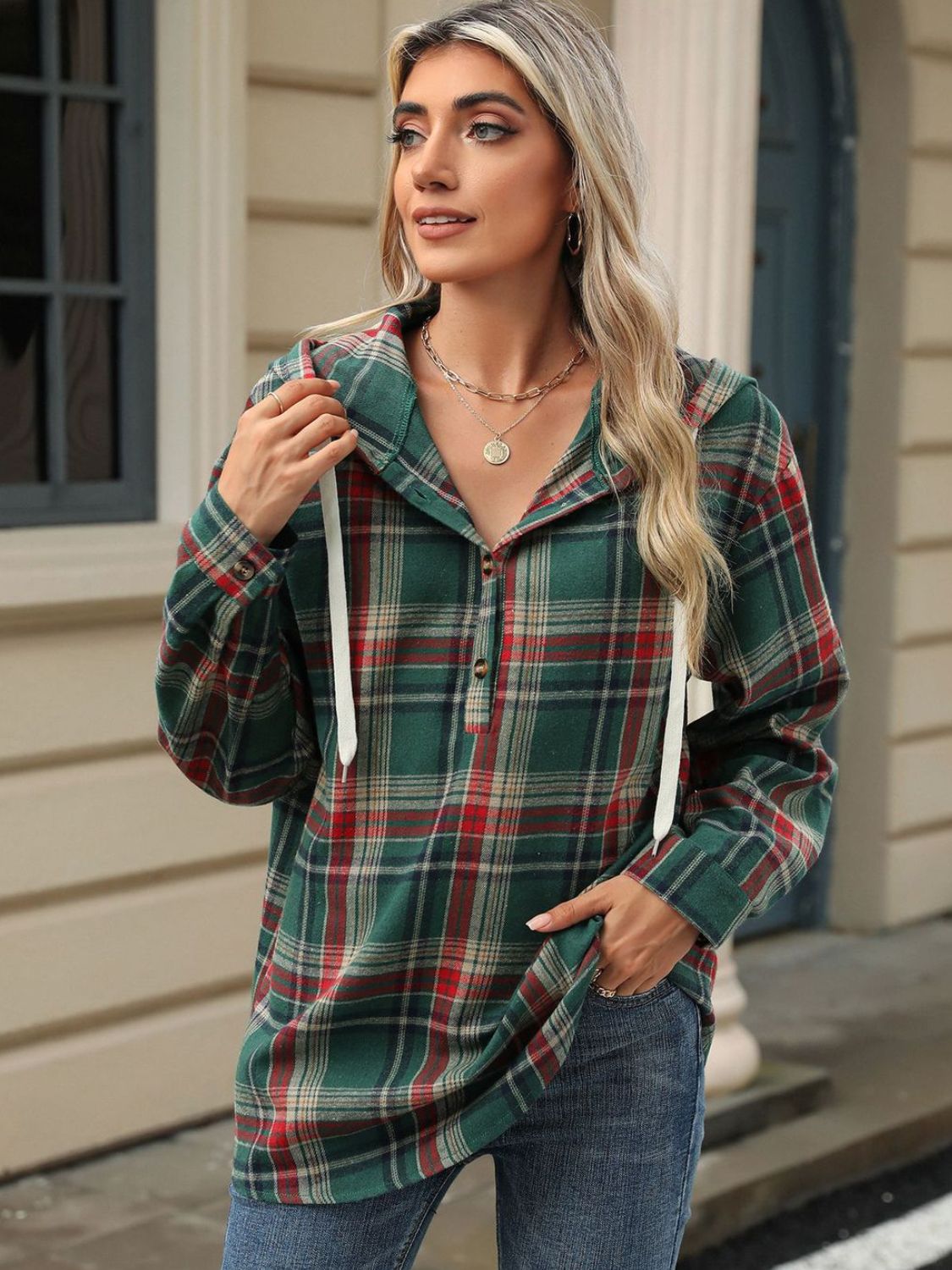 Drawstring Plaid Hooded - Long Sleeve Top