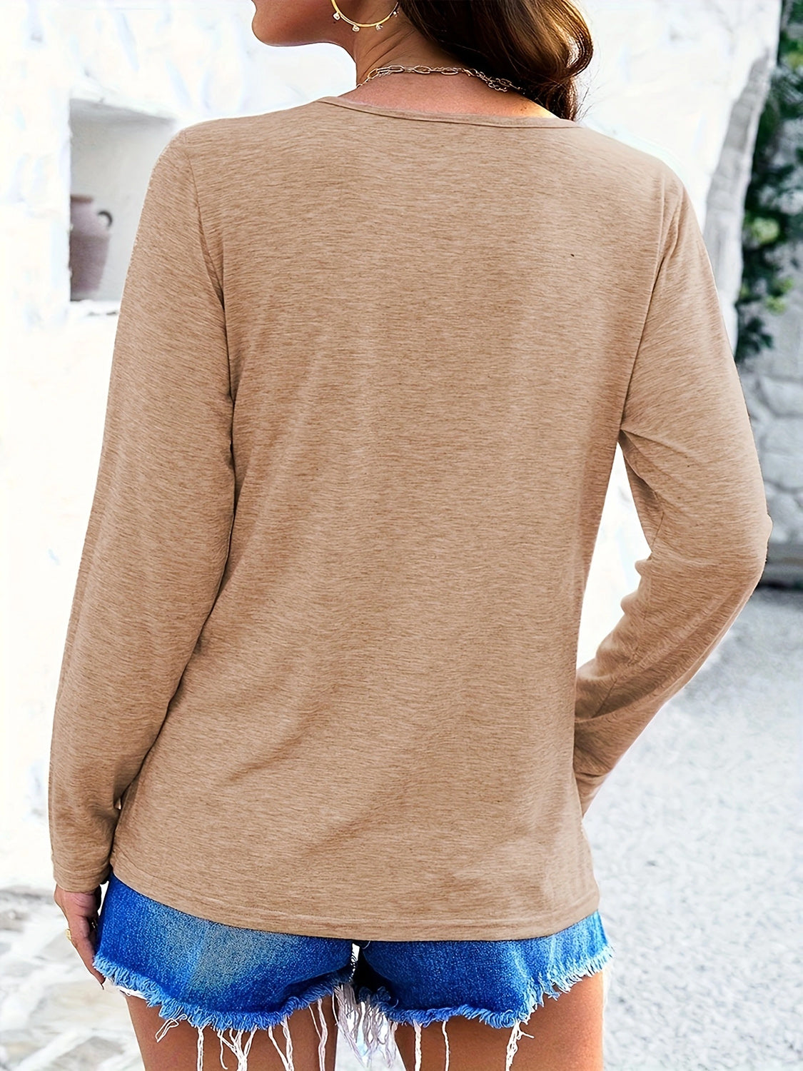 Crisscross V-Neck Long Sleeve T-Shirt-Comfortable-Fabric