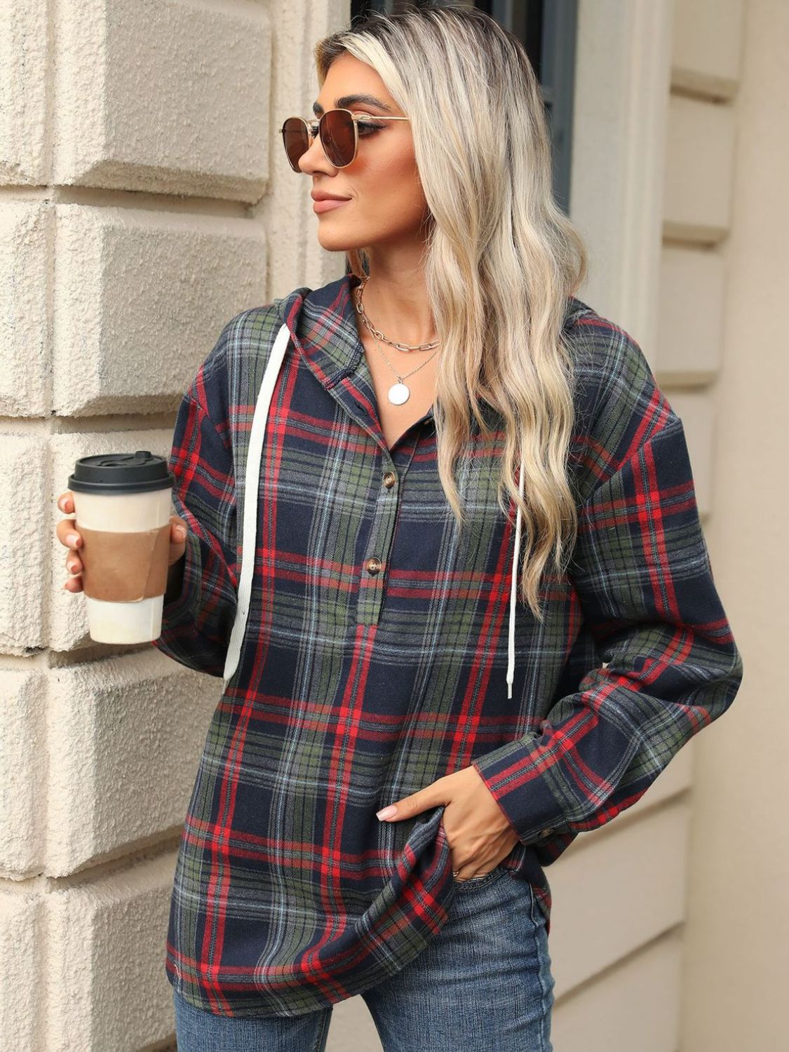 Drawstring Plaid Hooded - Long Sleeve Top