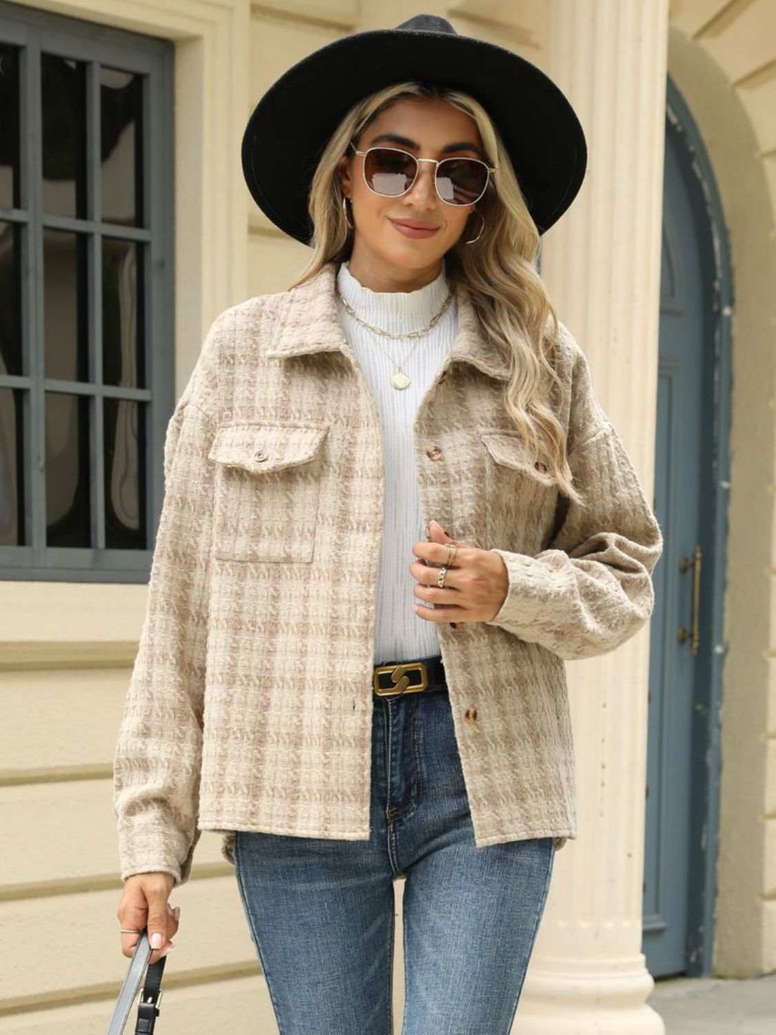 Plaid Collared Neck Long Sleeve Jacket Fashionabl
