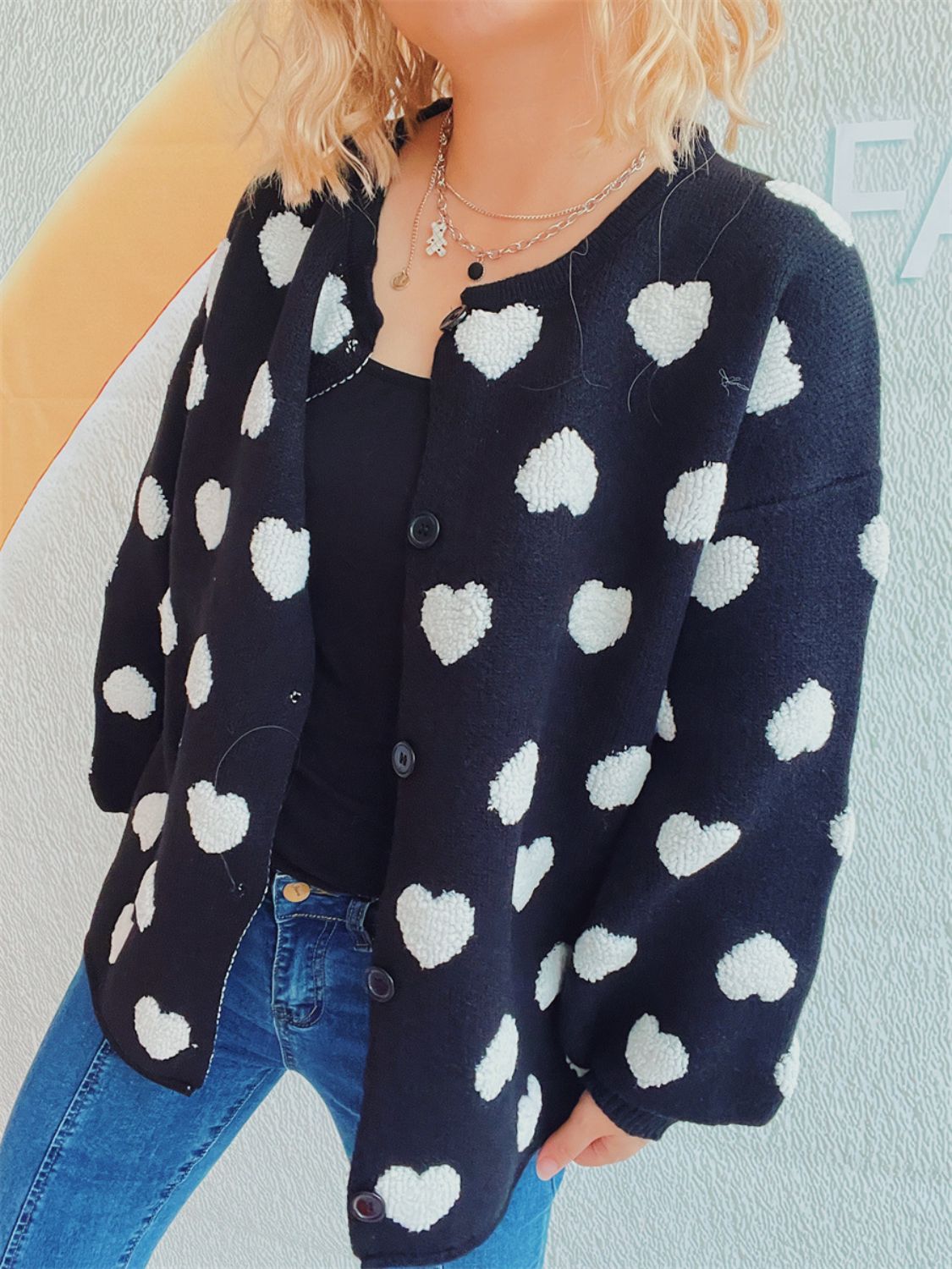 Heart Button Up Long Sleeve Cardigan-Comfortable