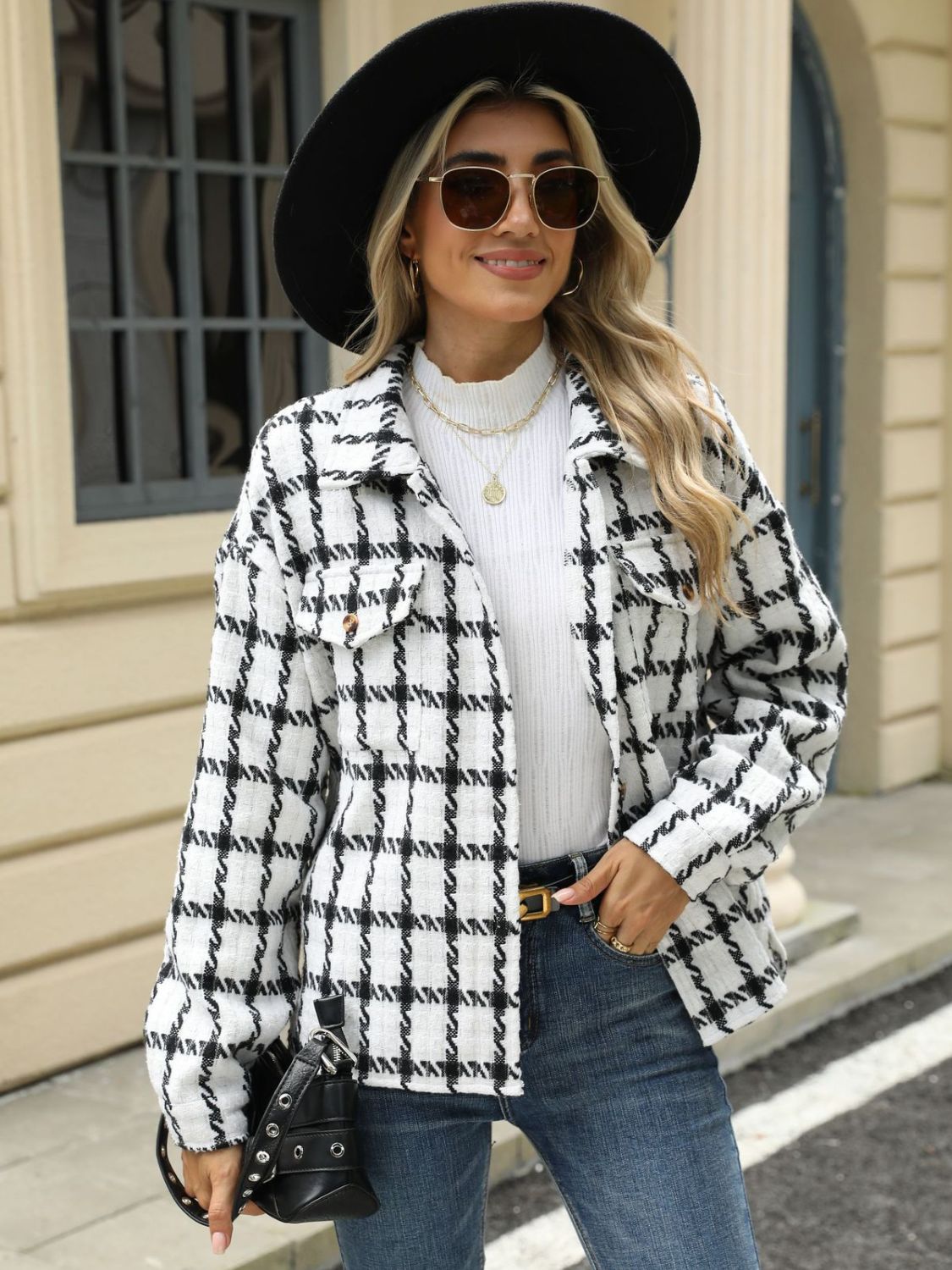 Plaid Collared Neck Long Sleeve Jacket Fashionabl