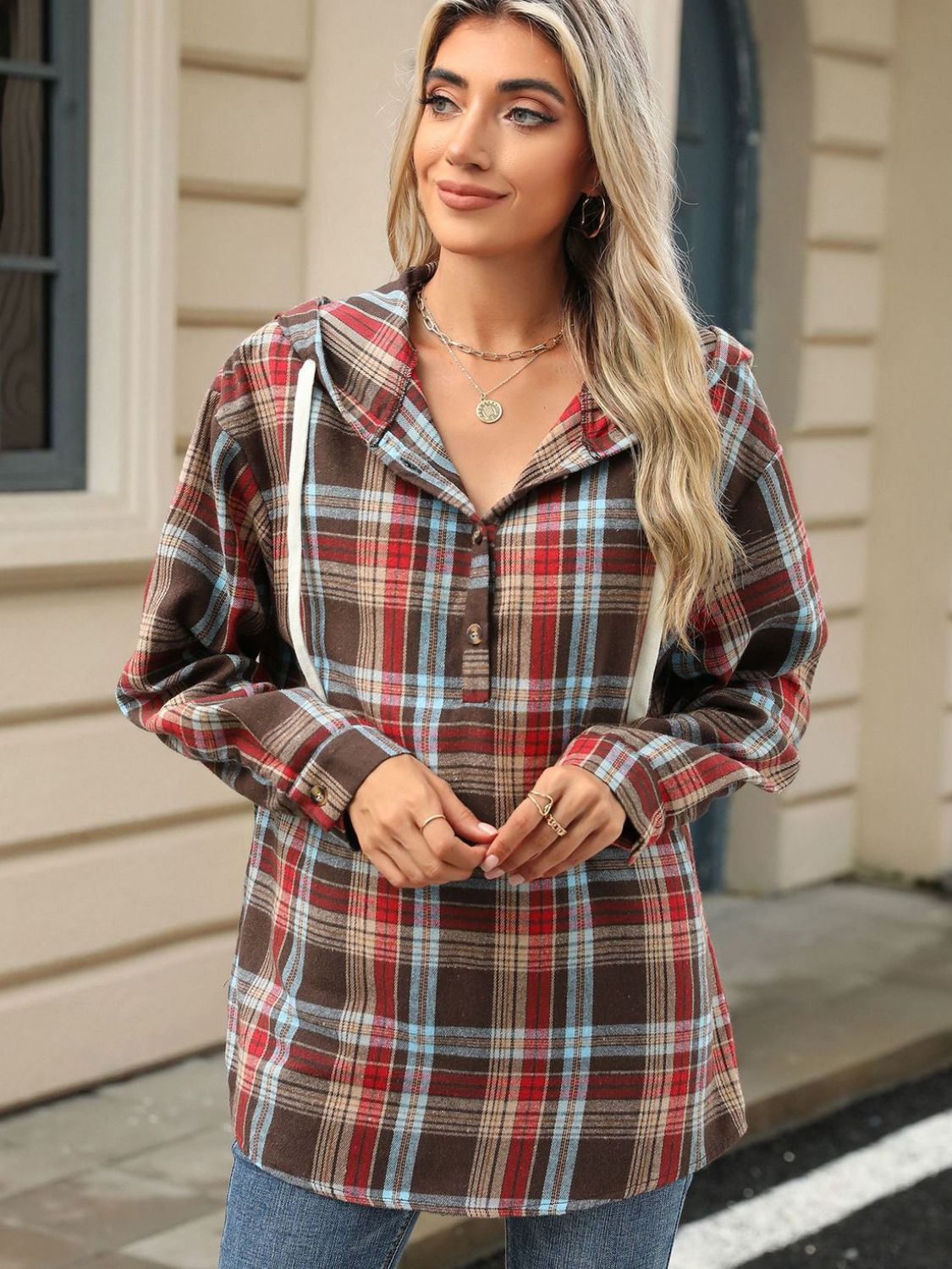 Drawstring Plaid Hooded - Long Sleeve Top