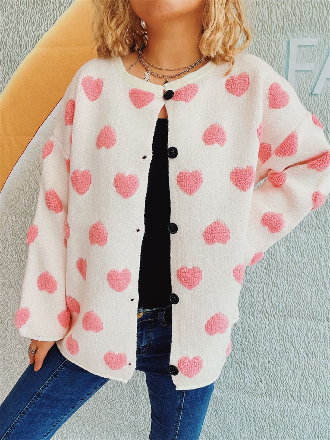 Heart Button Up Long Sleeve Cardigan-Comfortable