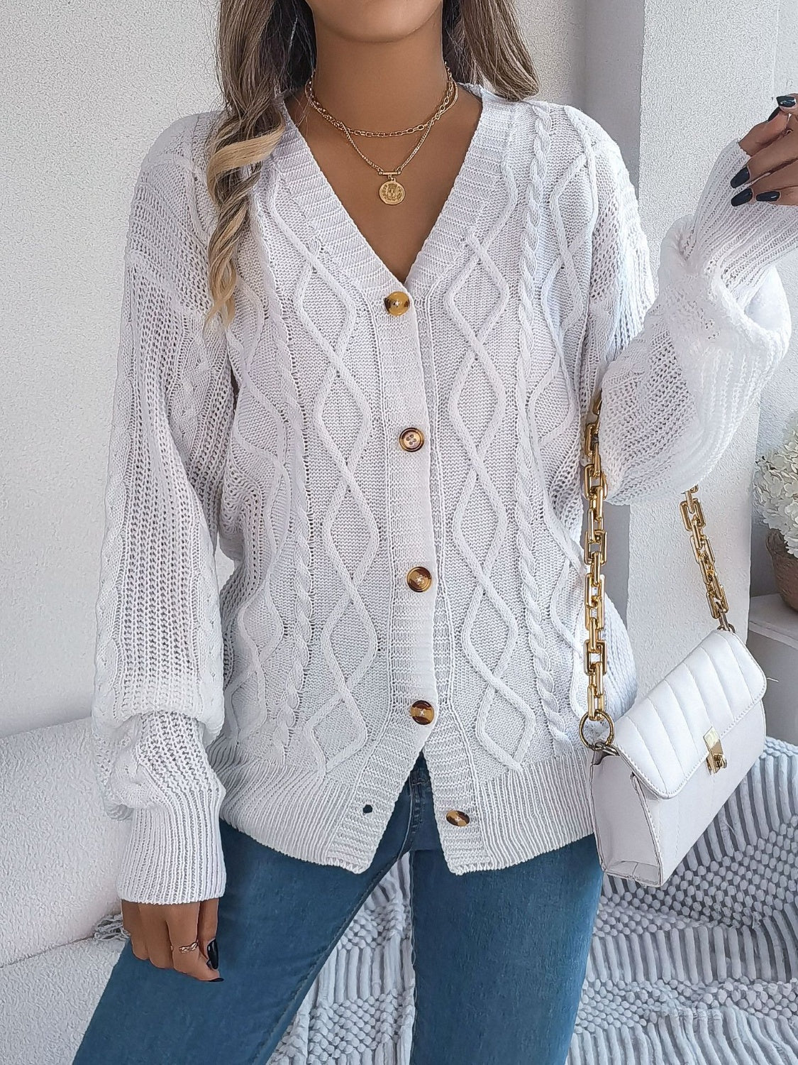 Cable-Knit Long Sleeve Cardigan - Stylish