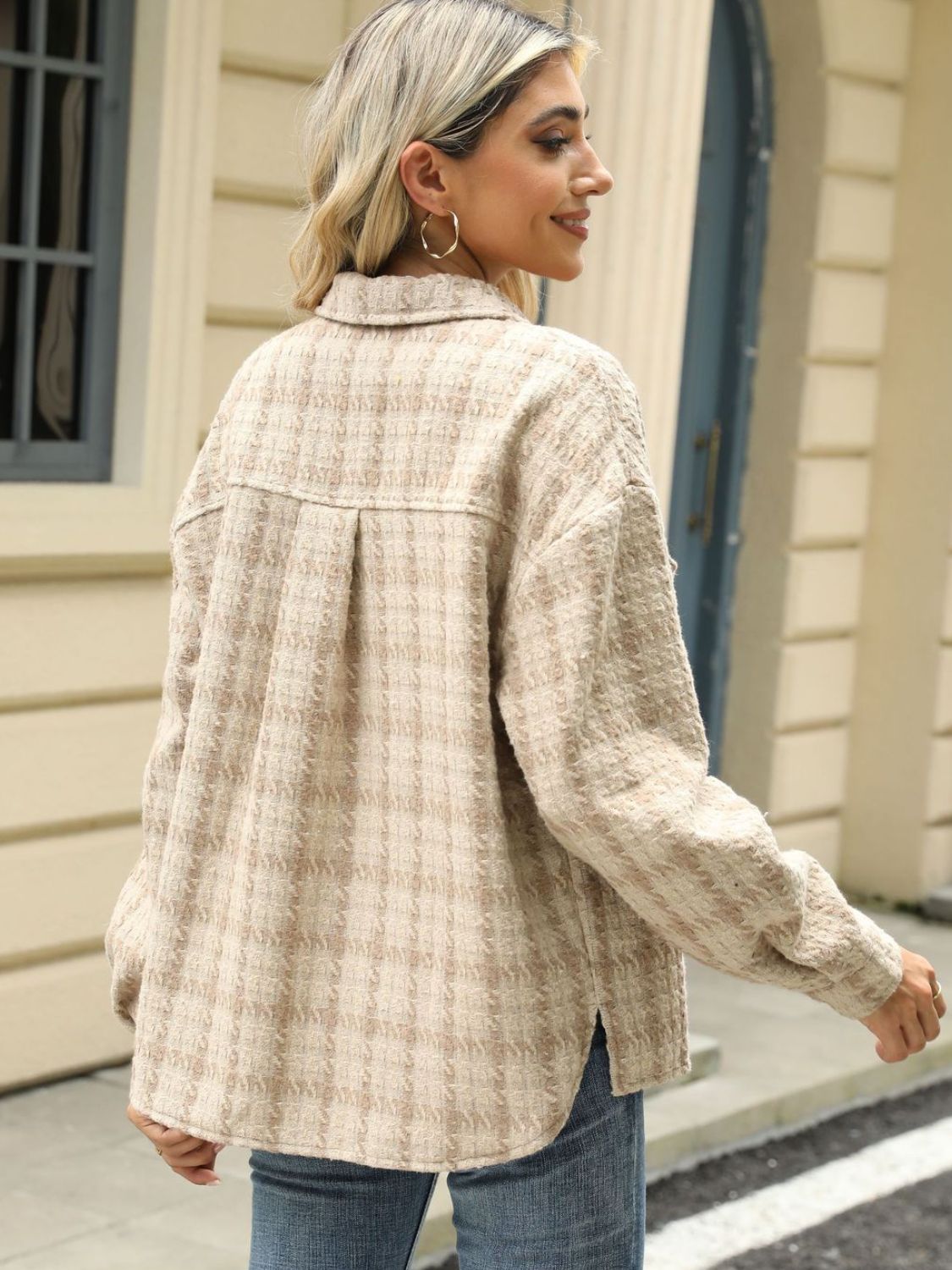 Plaid Collared Neck Long Sleeve Jacket Fashionabl