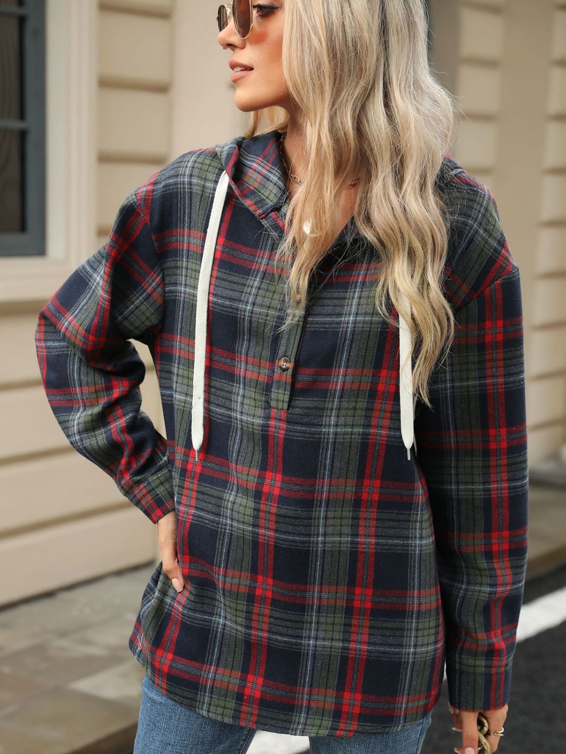 Drawstring Plaid Hooded - Long Sleeve Top