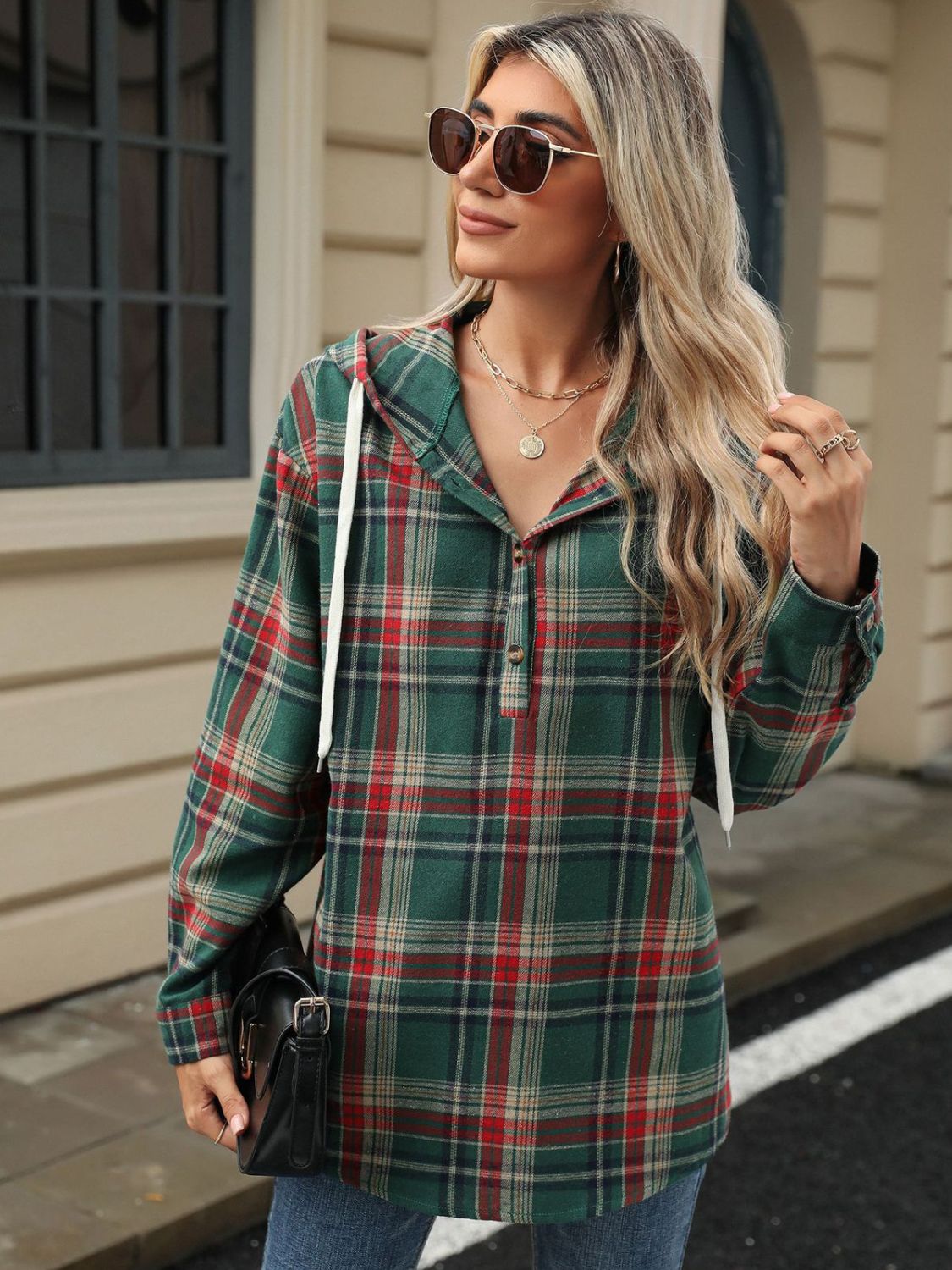 Drawstring Plaid Hooded - Long Sleeve Top