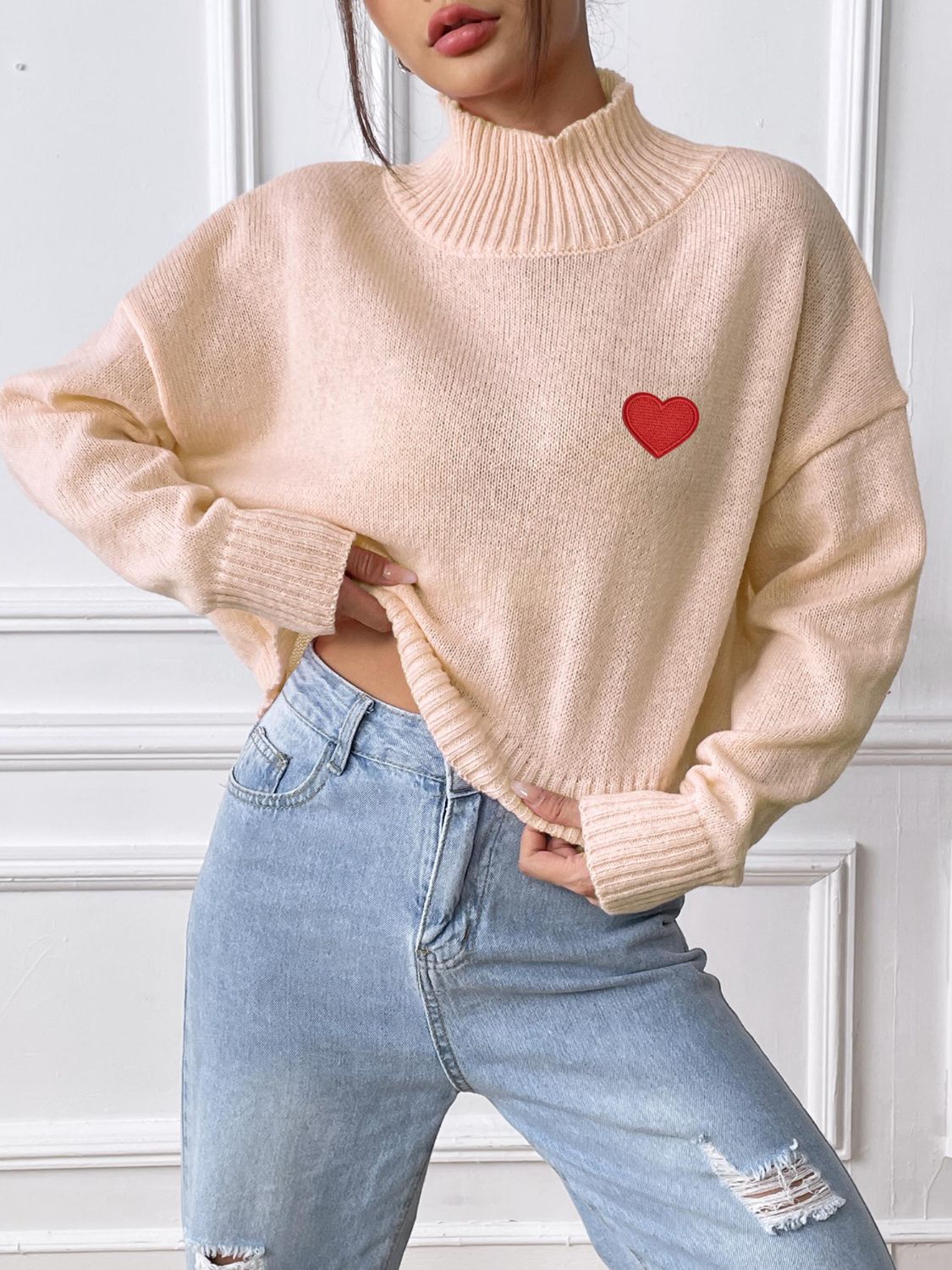 Heart Turtleneck Long Sleeve Sweater-Stylish