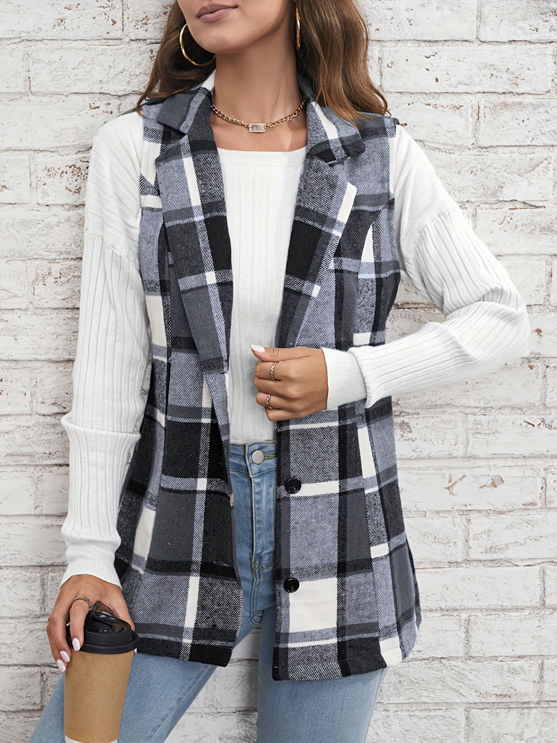 Plaid Button Down Vest Coat-Stylish-Fashion