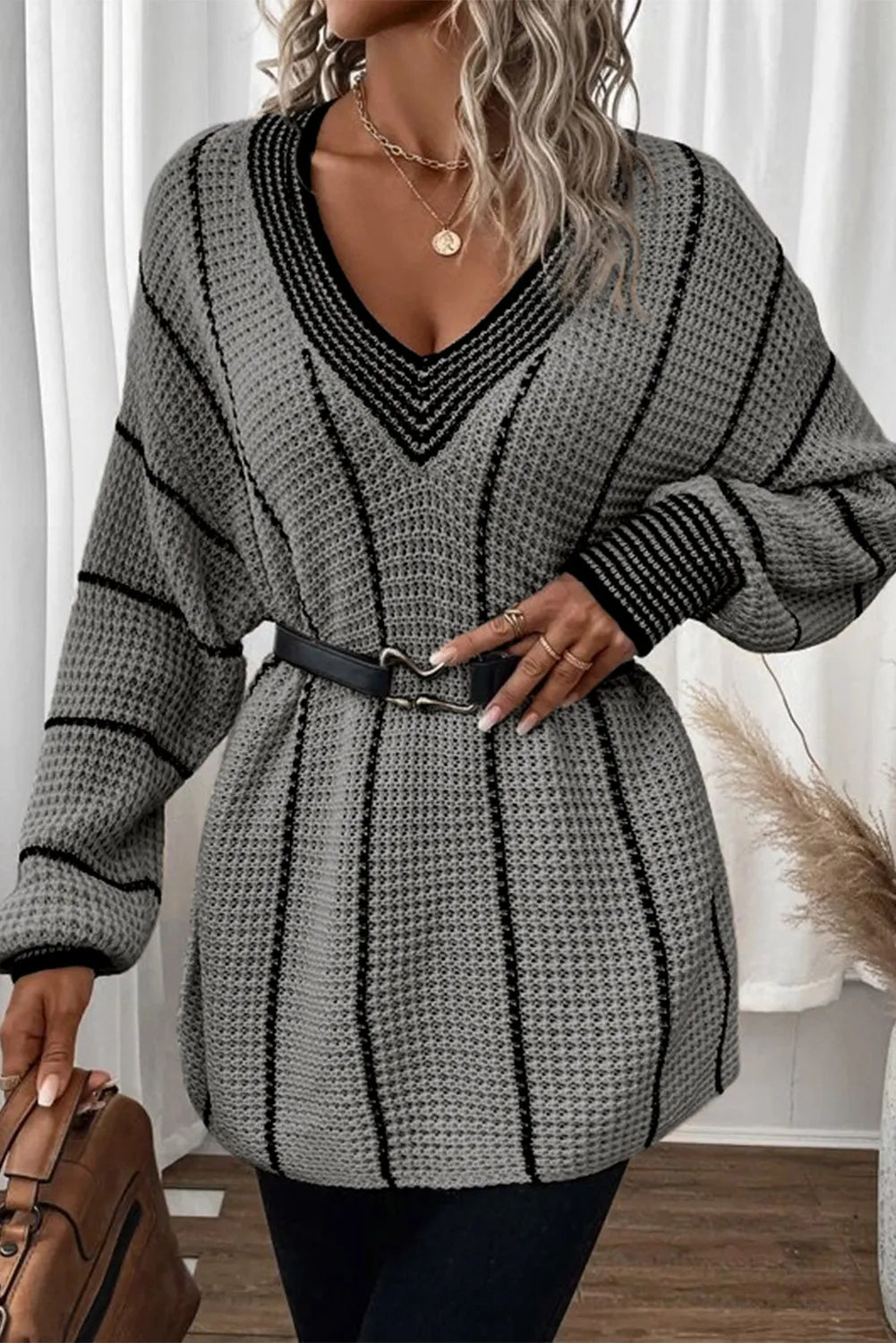 Striped V-Neck Dropped Shoulder Sweater-Fashionable