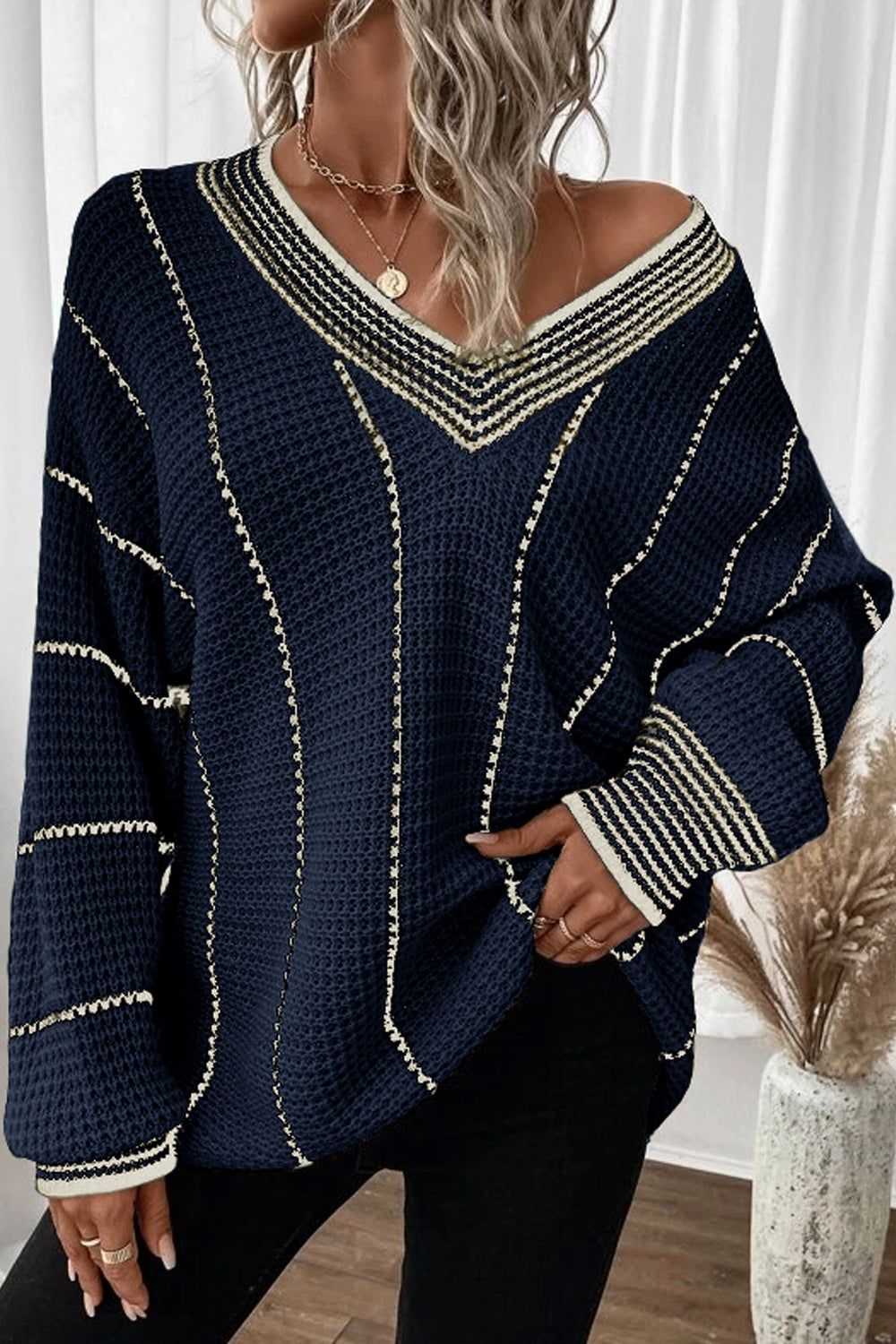 Striped V-Neck Dropped Shoulder Sweater-Fashionable
