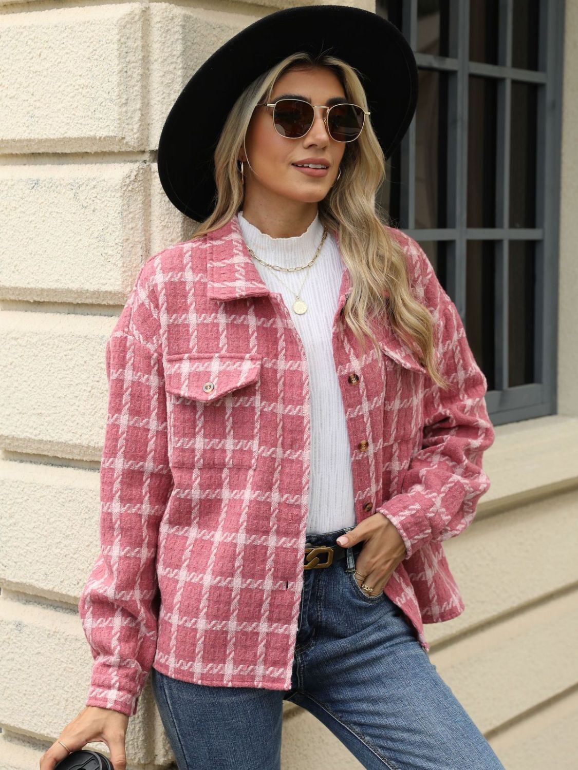 Plaid Collared Neck Long Sleeve Jacket Fashionabl
