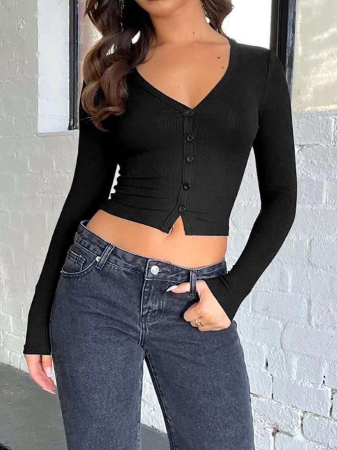 Buttoned V-Neck Long Sleeve T-Shirt-Casual-Comfort