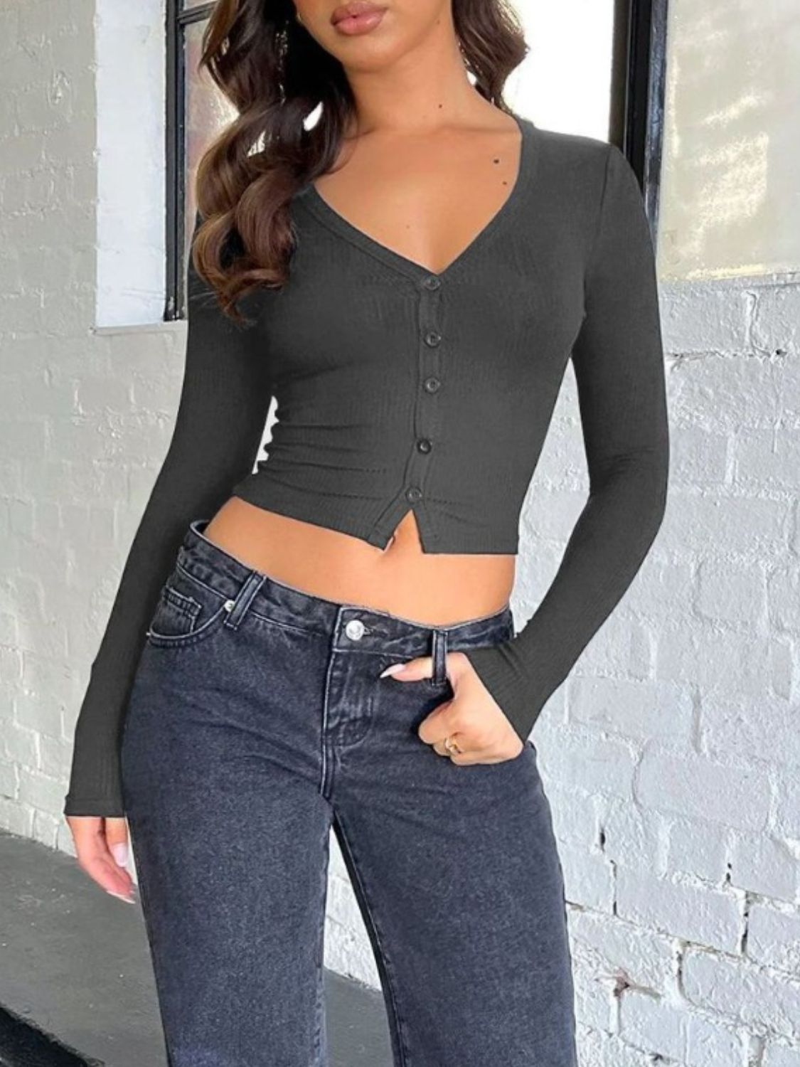 Buttoned V-Neck Long Sleeve T-Shirt-Casual-Comfort