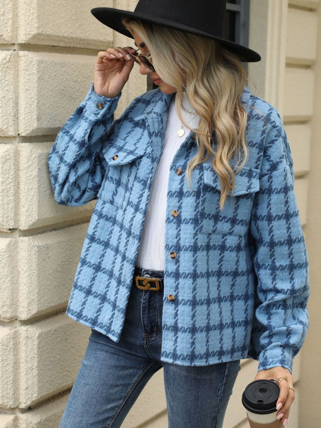 Plaid Collared Neck Long Sleeve Jacket Fashionabl