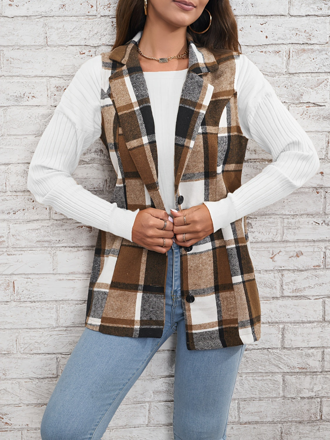 Plaid Button Down Vest Coat-Stylish-Fashion