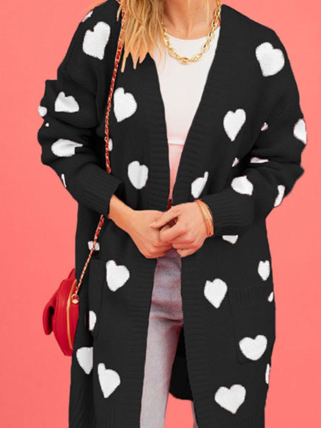 Heart Open Front Long Sleeve Cardigan Cozy