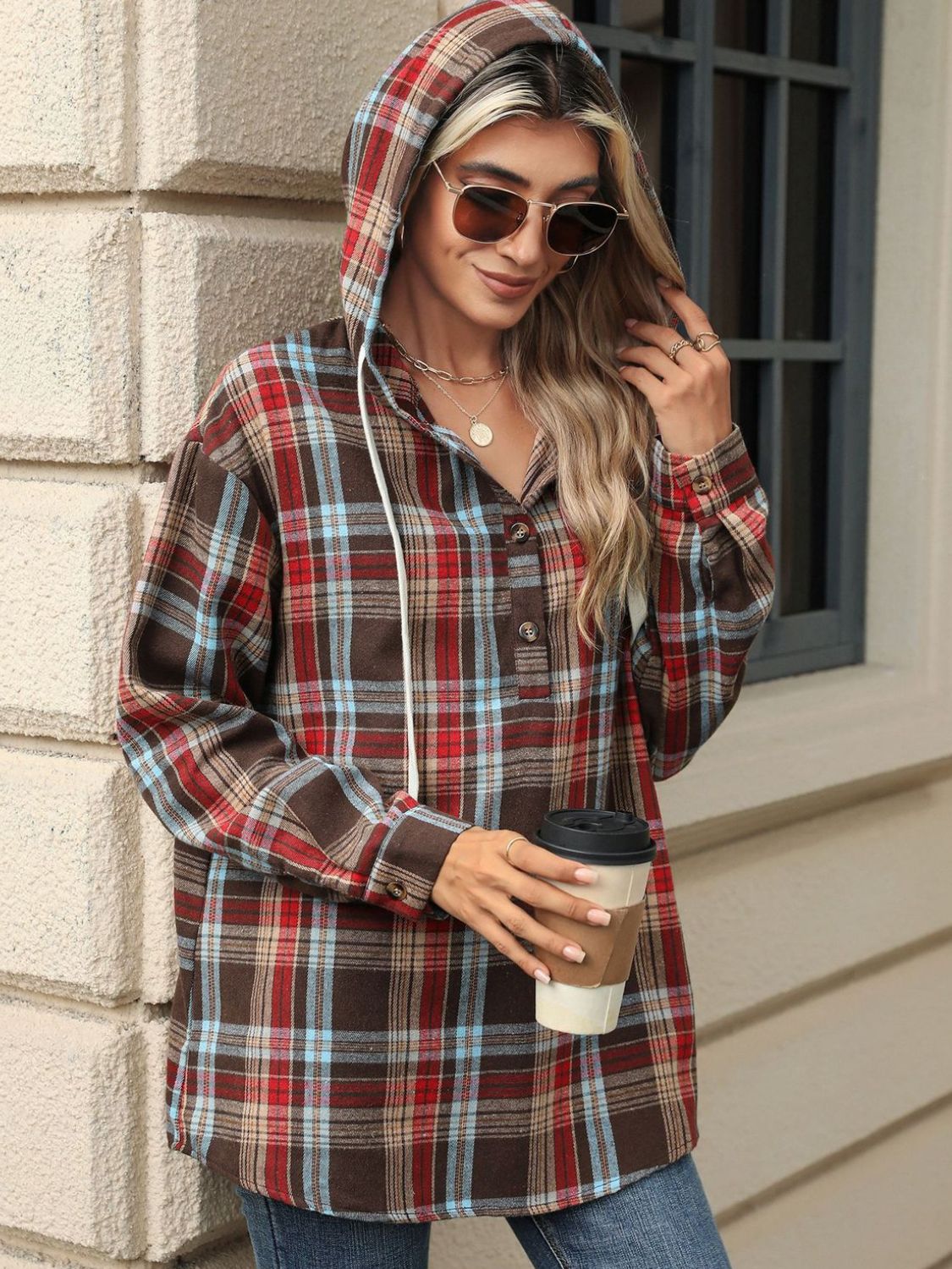 Drawstring Plaid Hooded - Long Sleeve Top