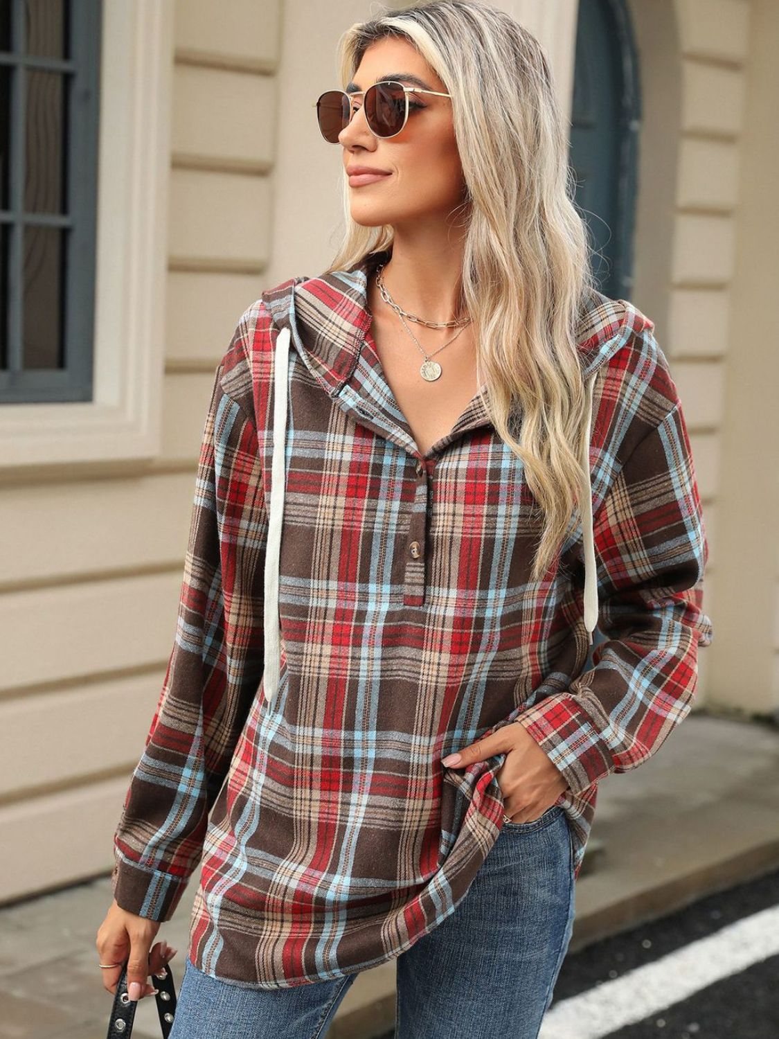 Drawstring Plaid Hooded - Long Sleeve Top