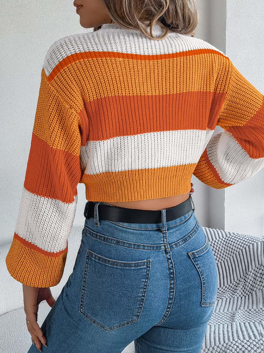 Color Block Round Neck - Cropped Sweater