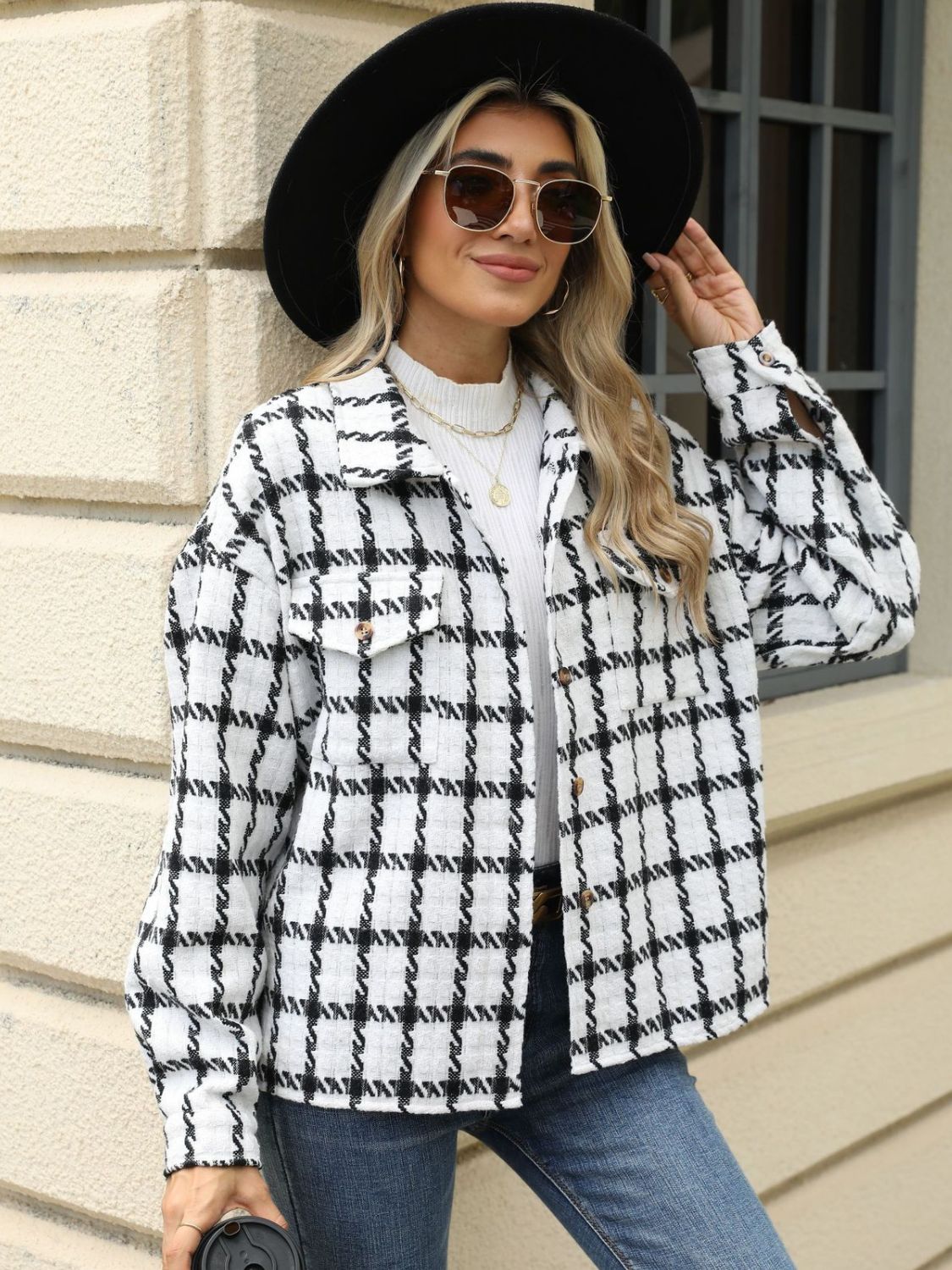 Plaid Collared Neck Long Sleeve Jacket Fashionabl