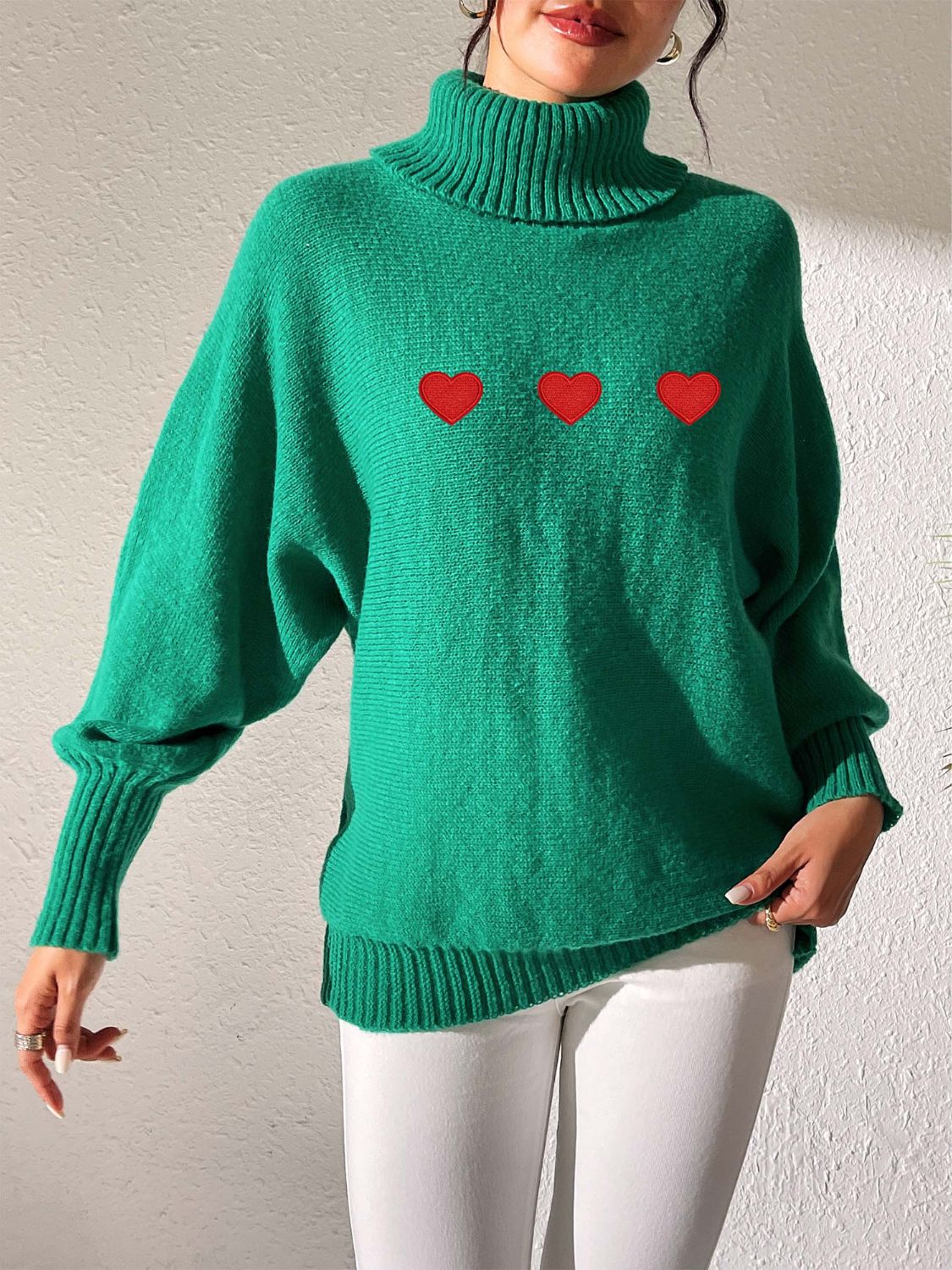 Heart Turtleneck Long Sleeve Sweater-Comfortable