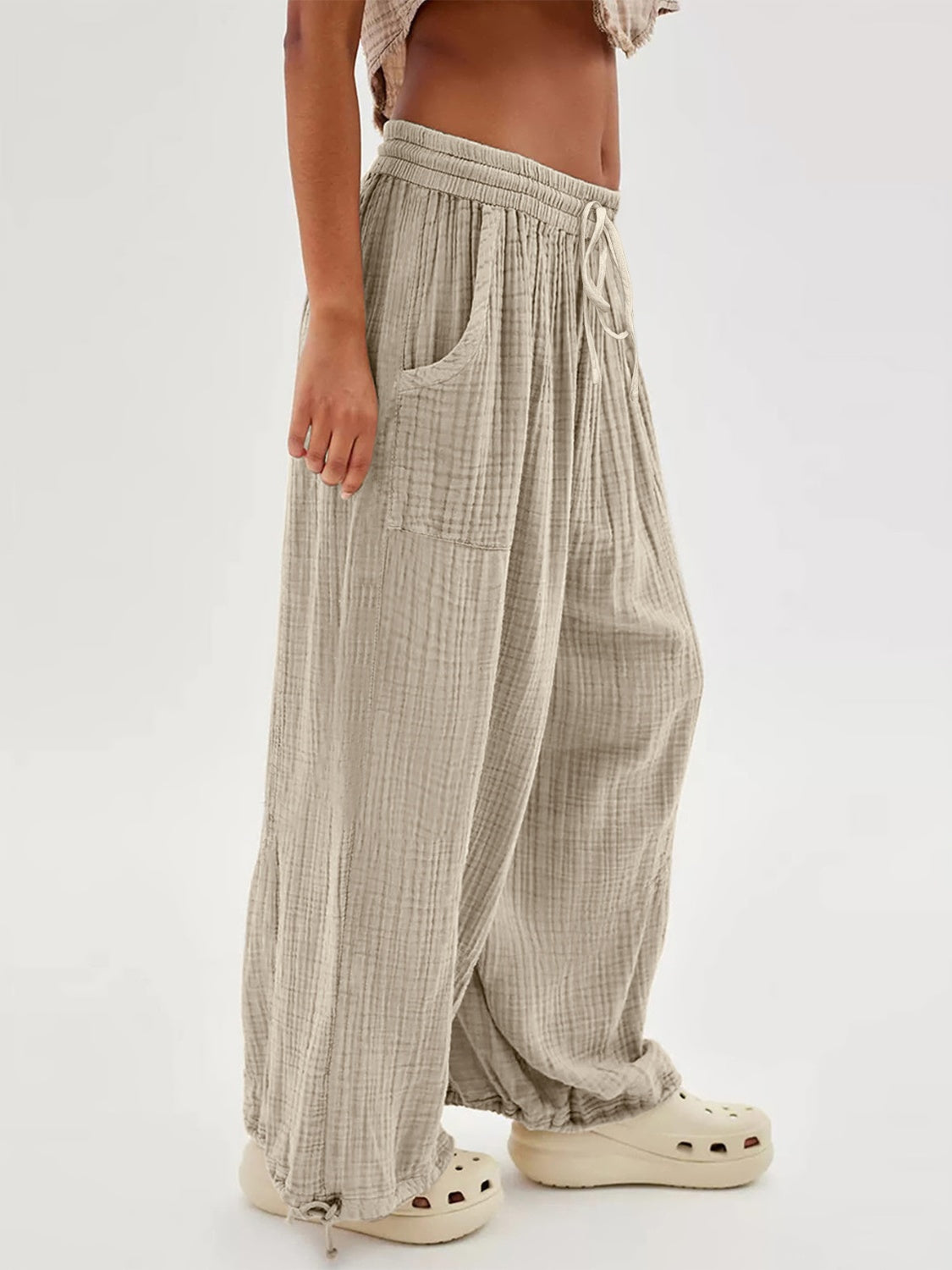 Textured Tied Pants with Pockets-Casual-Fashion