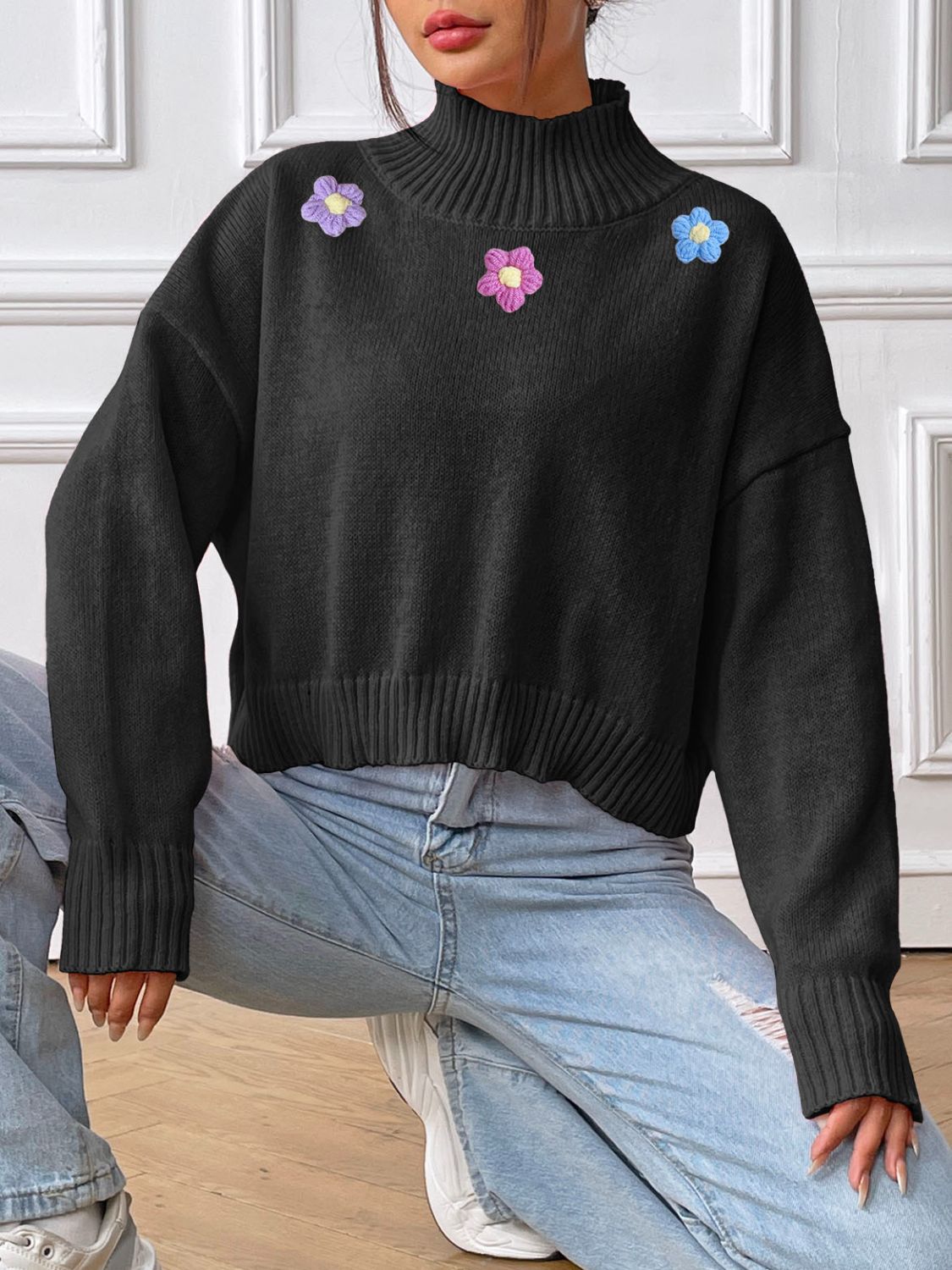 Flower Turtleneck Long Sleeve Sweater-Trendy