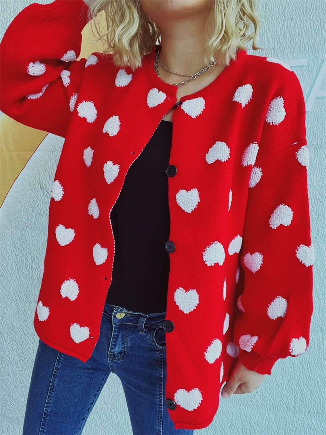 Heart Button Up Long Sleeve Cardigan-Comfortable