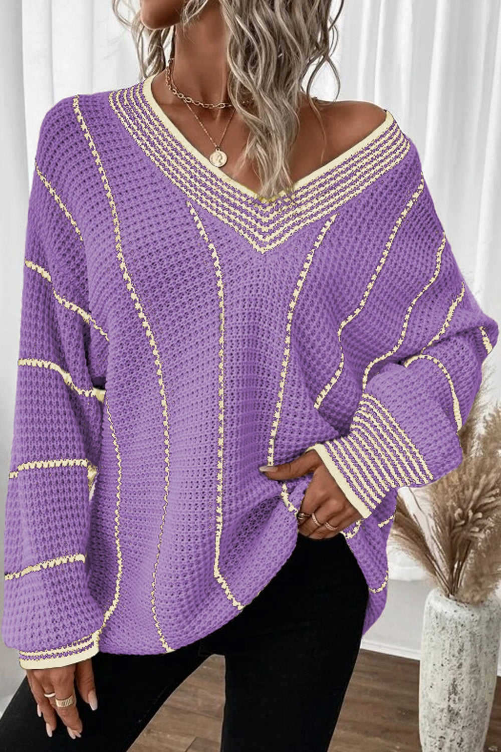 Striped V-Neck Dropped Shoulder Sweater-Fashionable