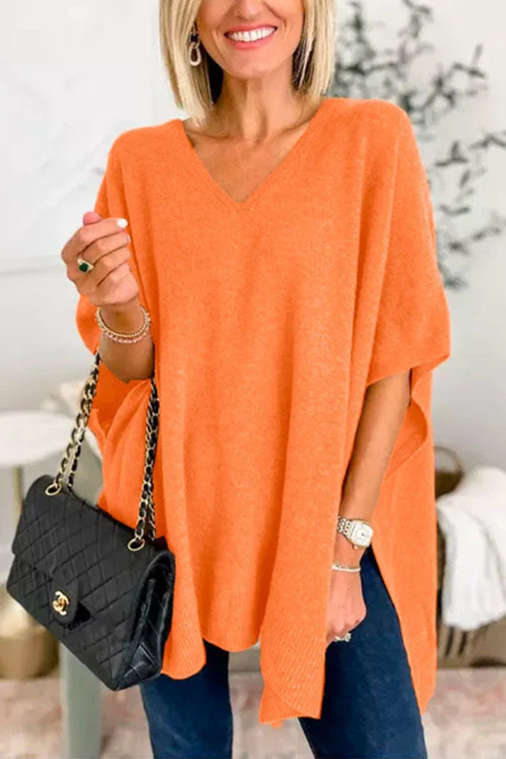 Slit V-Neck Half Sleeve Knit Top-Stylish