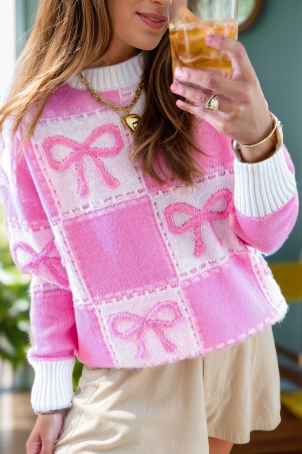 Bow Round Neck Long Sleeve Sweater-Fall-Fasion