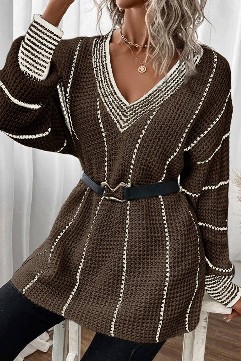 Striped V-Neck Dropped Shoulder Sweater-Fashionable
