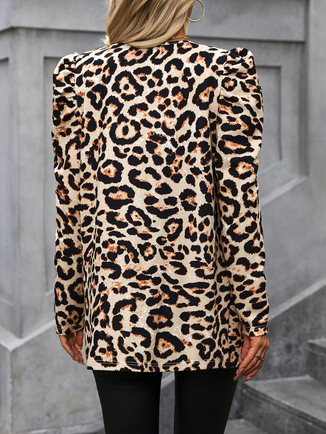 Leopard Open Front Puff Sleeve Jacket-Stylish