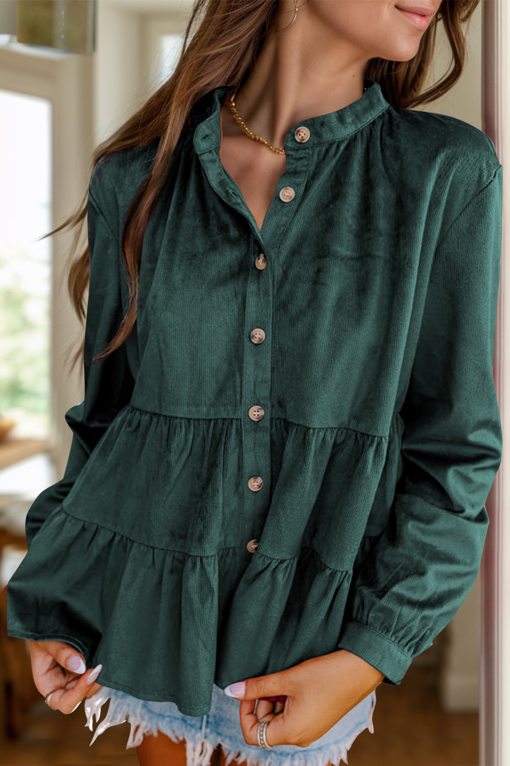 Peplum Round Neck Long Sleeve Shirt - Casual