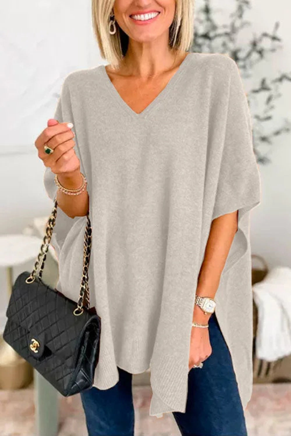 Slit V-Neck Half Sleeve Knit Top-Stylish