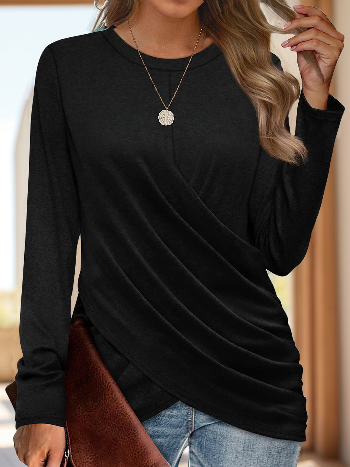 Runched Round Neck Long Sleeve T-Shirt Trendy