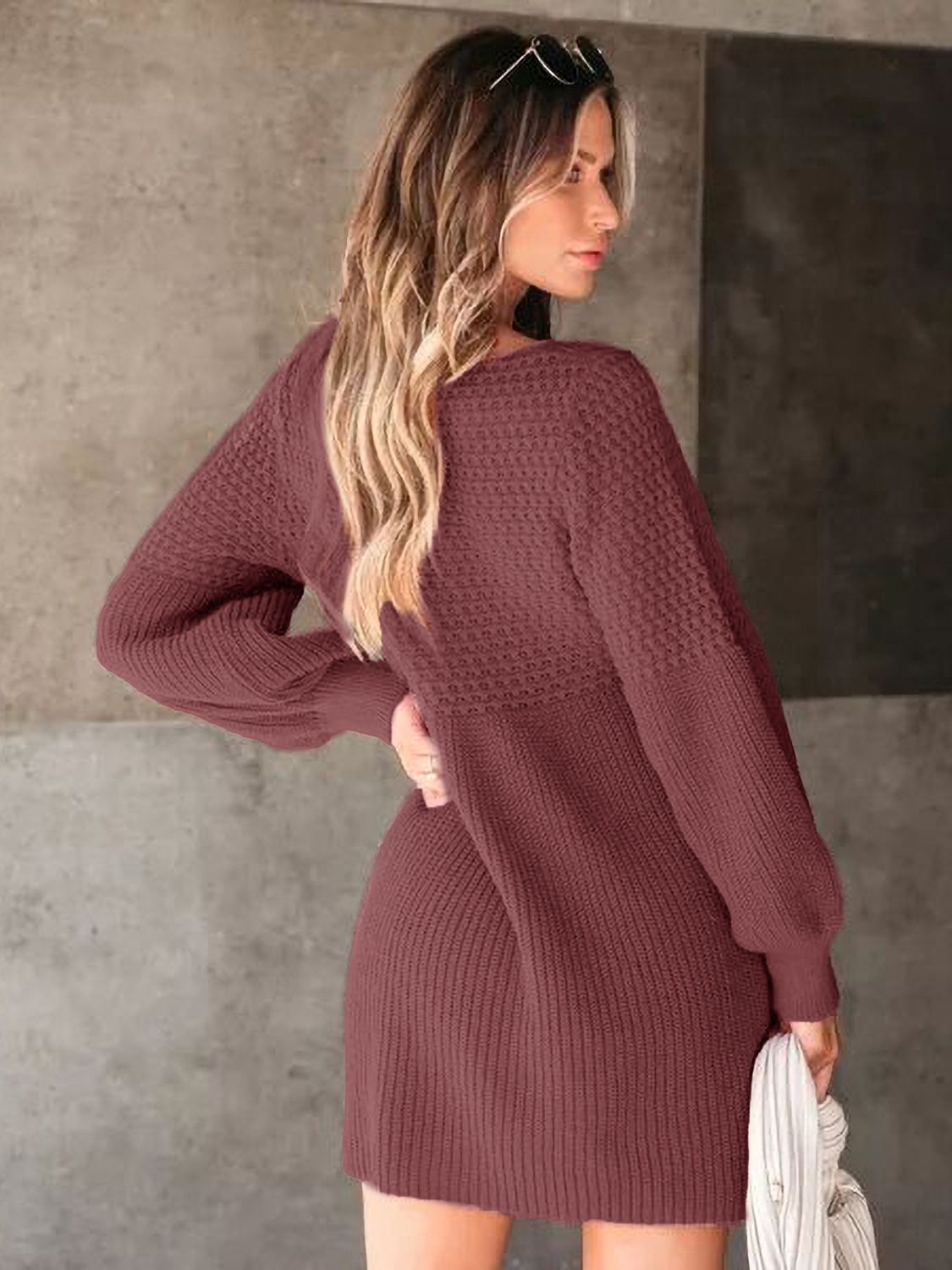 Perfee V-Neck Long Sleeve Sweater- Dress