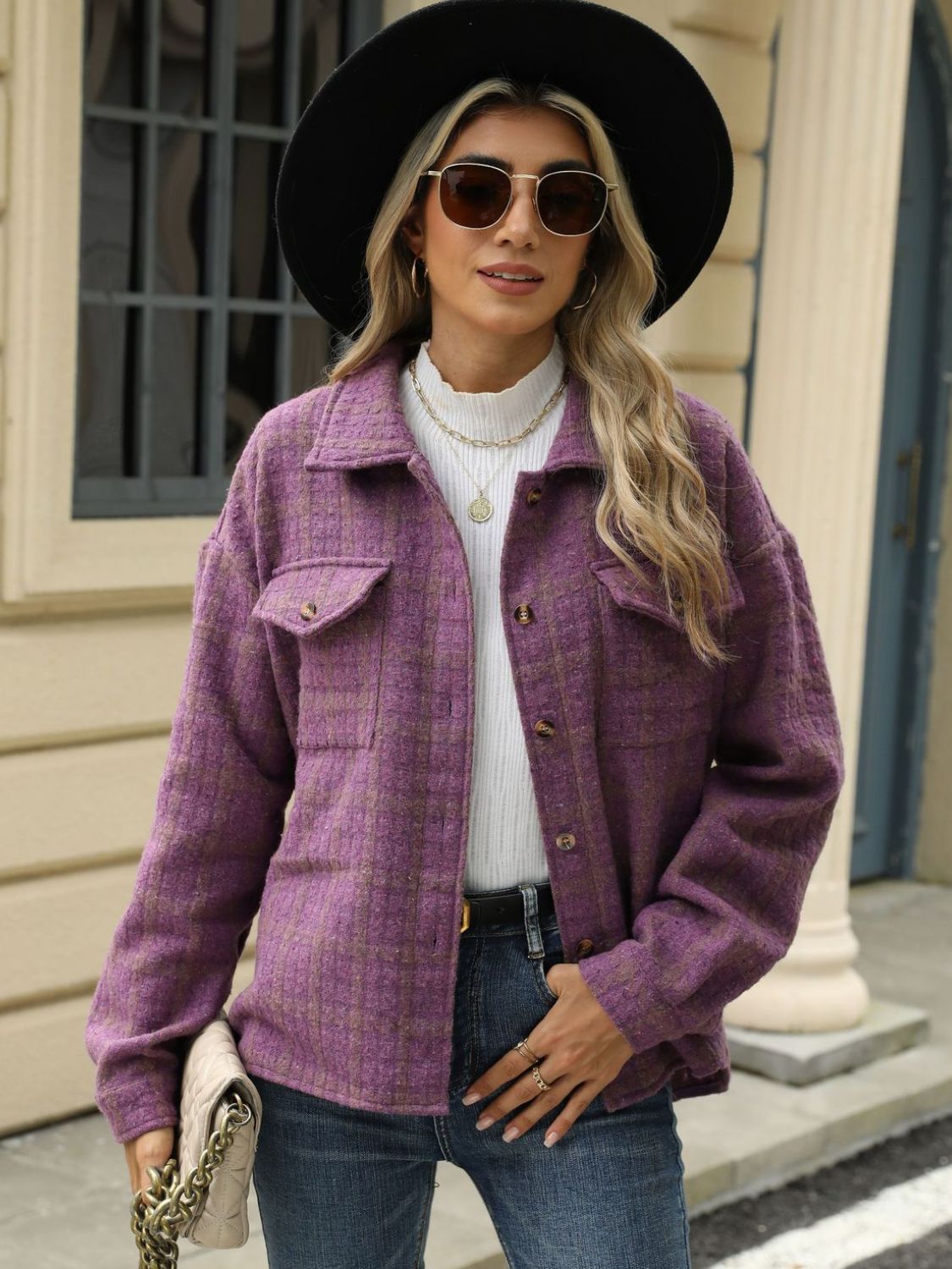 Plaid Collared Neck Long Sleeve Jacket Fashionabl