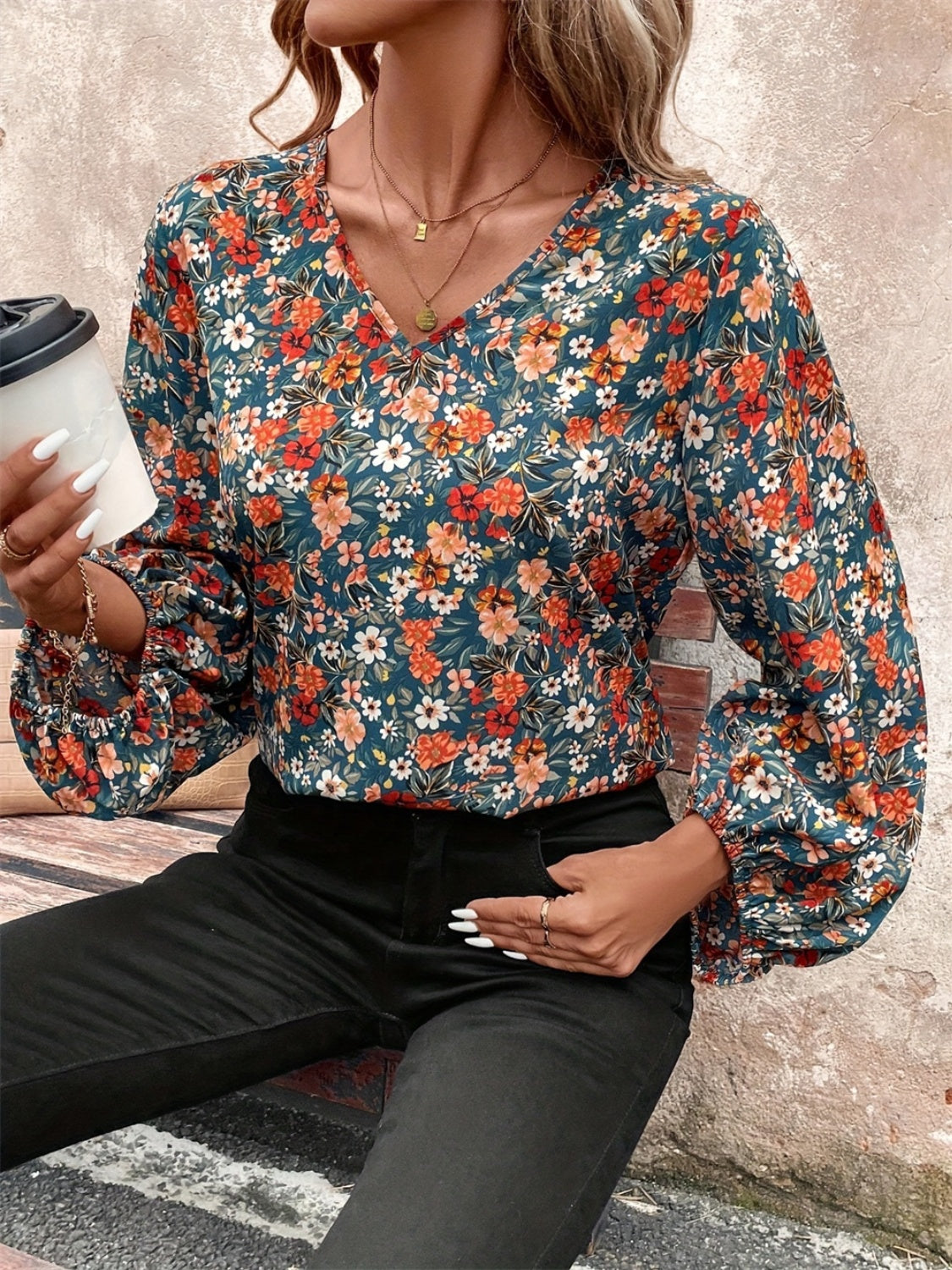 Printed V-Neck Balloon Sleeve Blouse Colorful