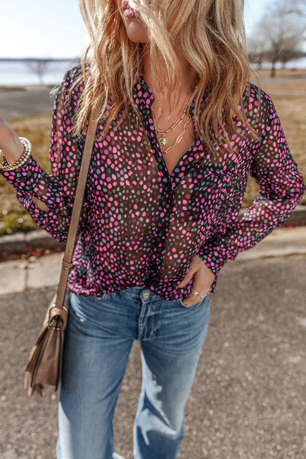 Printed Notched Long Sleeve Blouse-Casual