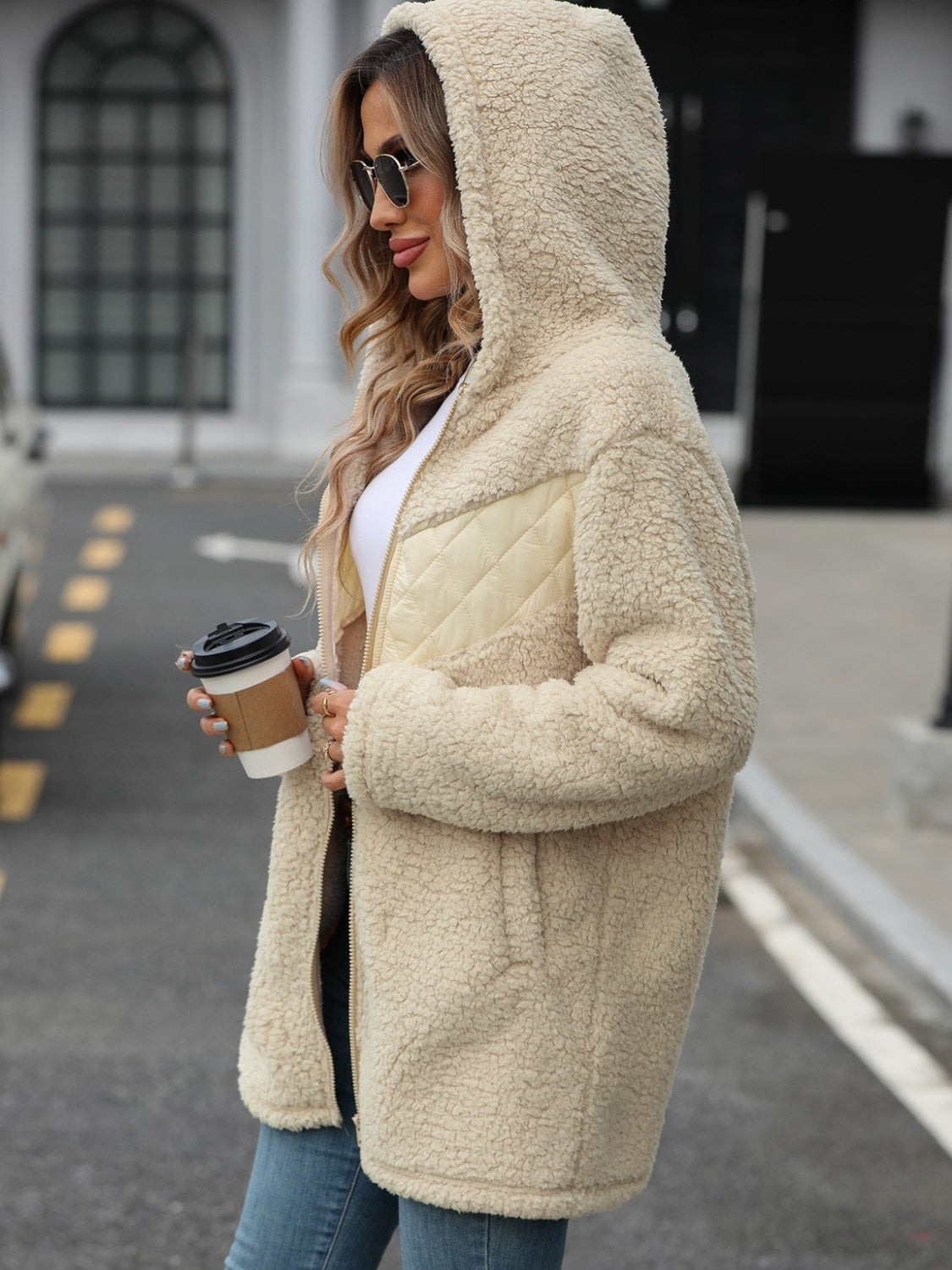 Fuzzy Zip Up Long Sleeve Hooded Jacket-Trendy