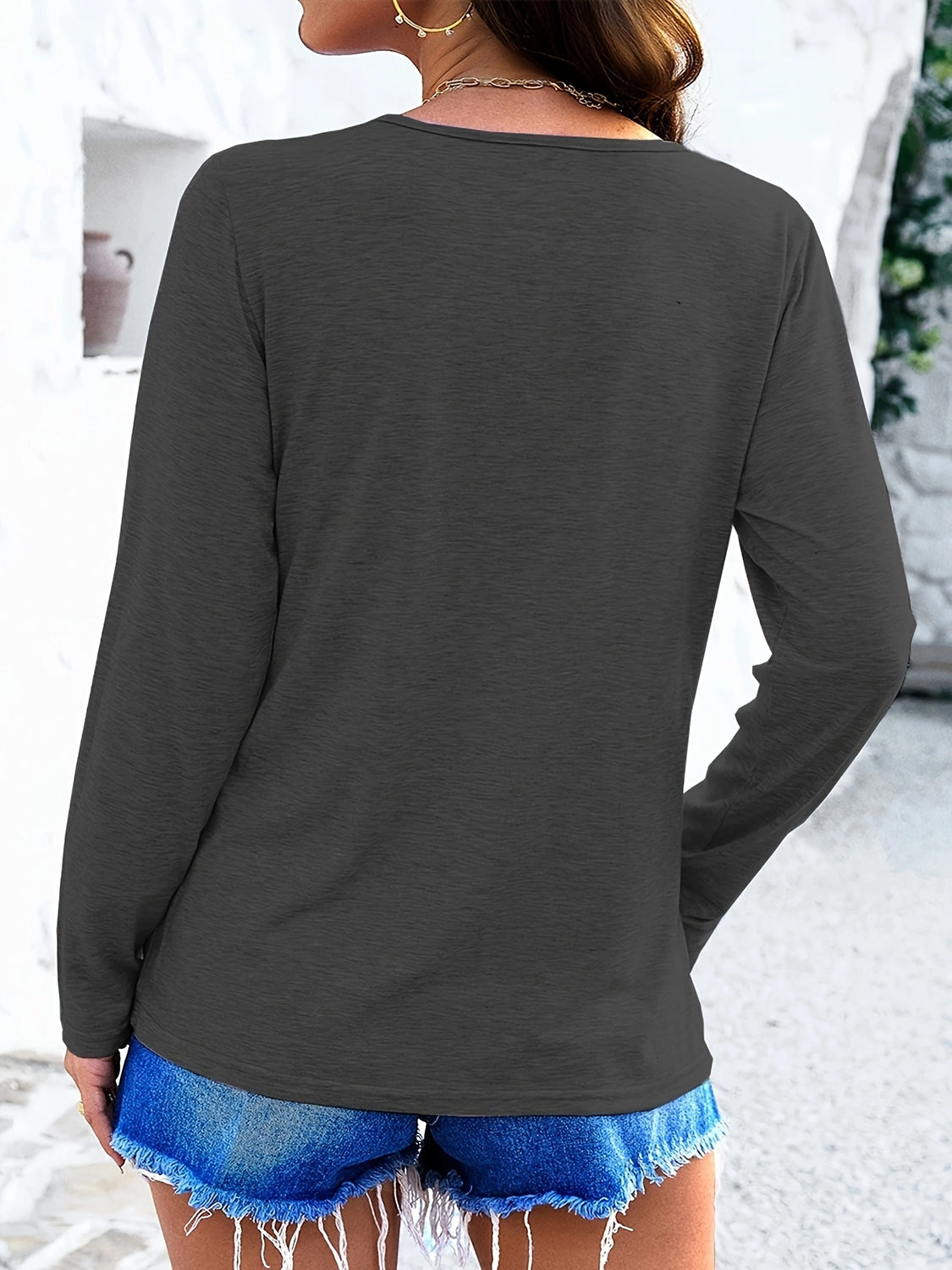 Crisscross V-Neck Long Sleeve T-Shirt-Comfortable-Fabric