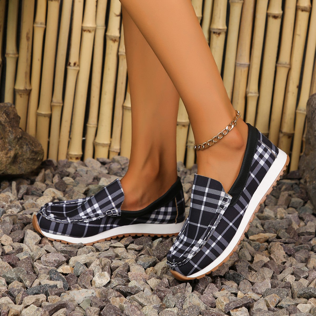 Plaid Round Toe Slip-Ons - Comfortable Fit