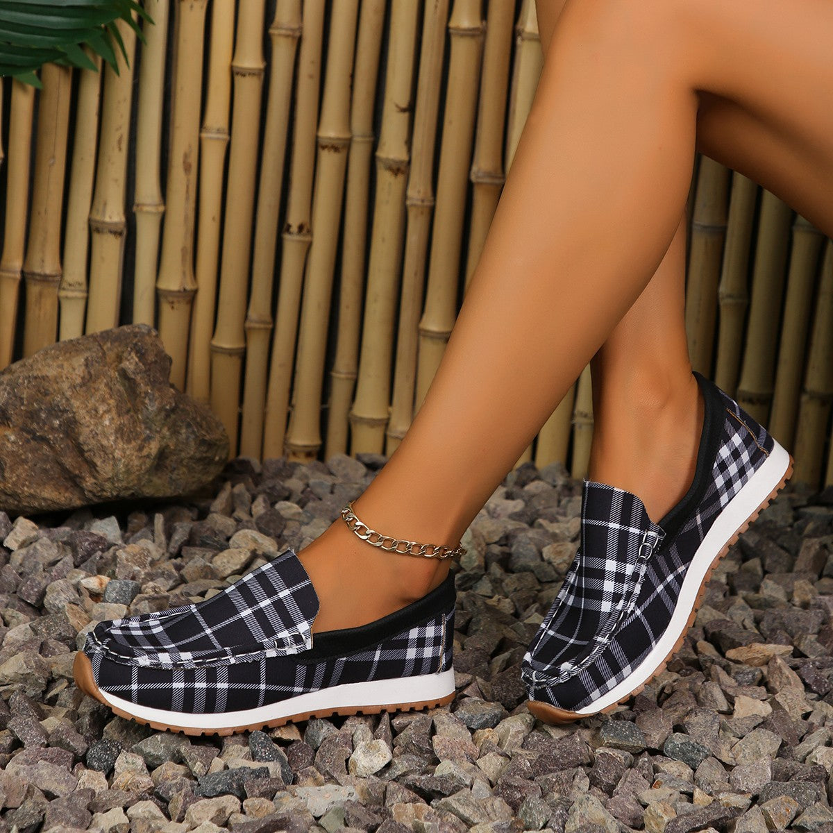 Plaid Round Toe Slip-Ons - Comfortable Fit