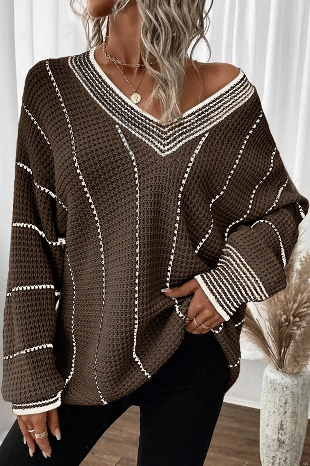 Striped V-Neck Dropped Shoulder Sweater-Fashionable
